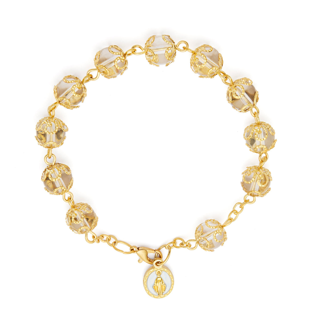 Gold-tone Rosary Bracelet with Clear Crystal Beads and Filigree Bead Caps
