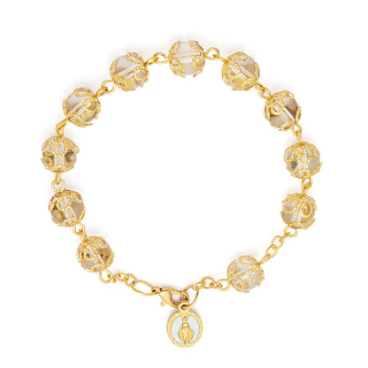 Gold-tone Rosary Bracelet with Clear Crystal Beads and Filigree Bead Caps