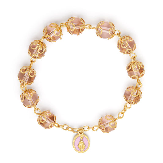 Gold-tone Rosary Bracelet with Pink Crystal Beads and Filigree Bead Caps