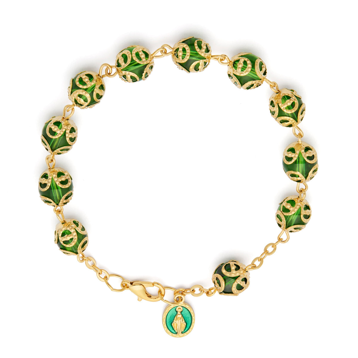 Gold-tone Rosary Bracelet with Green Crystal Beads and Bead Caps