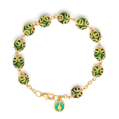 Gold-tone Rosary Bracelet with Green Crystal Beads and Bead Caps