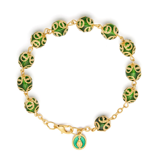 Gold-tone Rosary Bracelet with Green Crystal Beads and Bead Caps