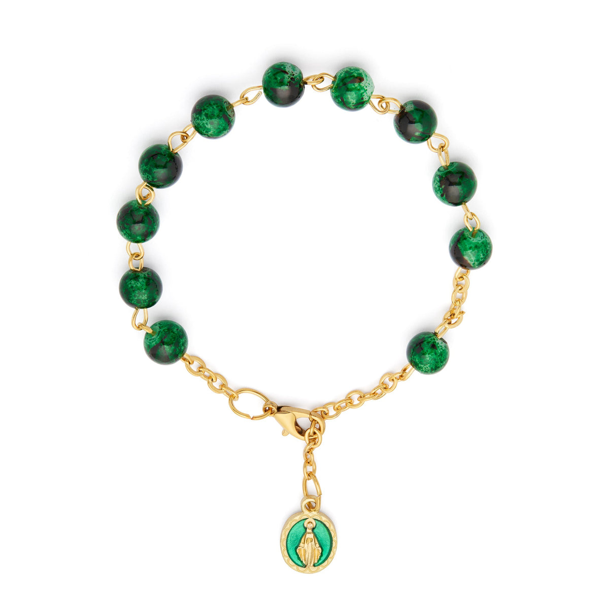 Gold-tone Rosary Bracelet with Green Variegated Beads