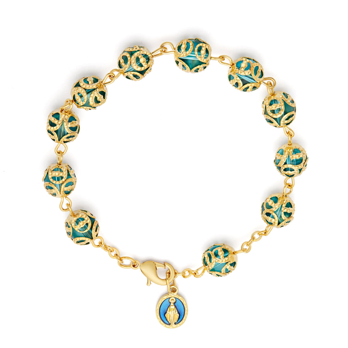 Gold-tone Rosary Bracelet with Light Blue Crystal Beads and Bead Caps