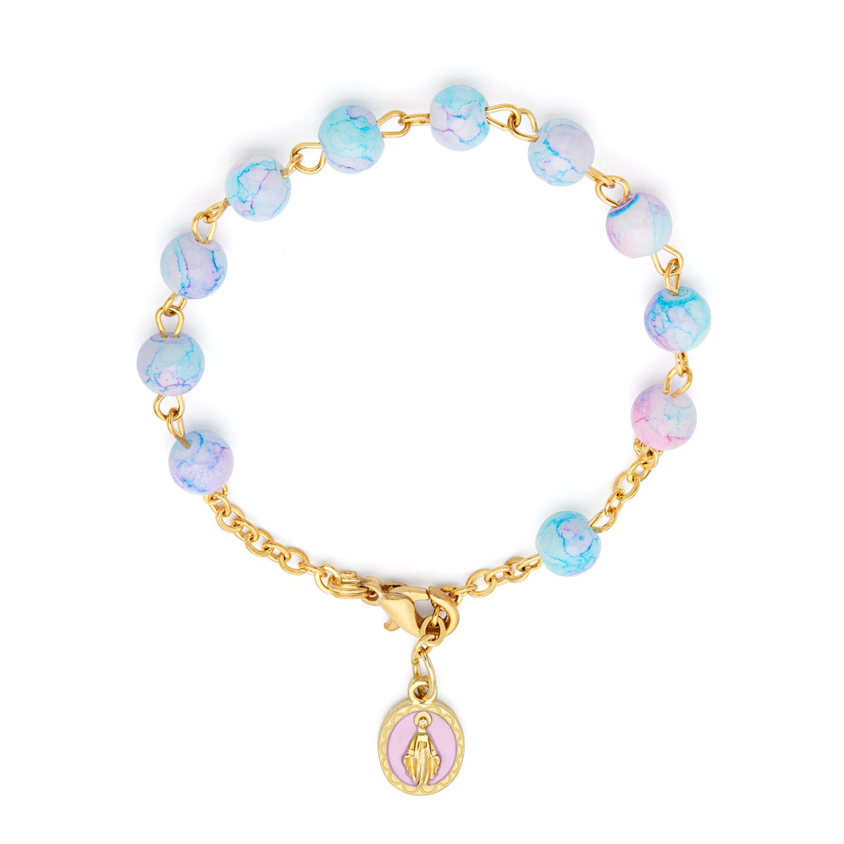 Gold-tone Rosary Bracelet with Pink and Light Blue Variegated Beads