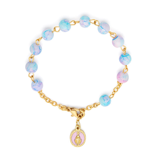 Gold-tone Rosary Bracelet with Pink and Light Blue Variegated Beads