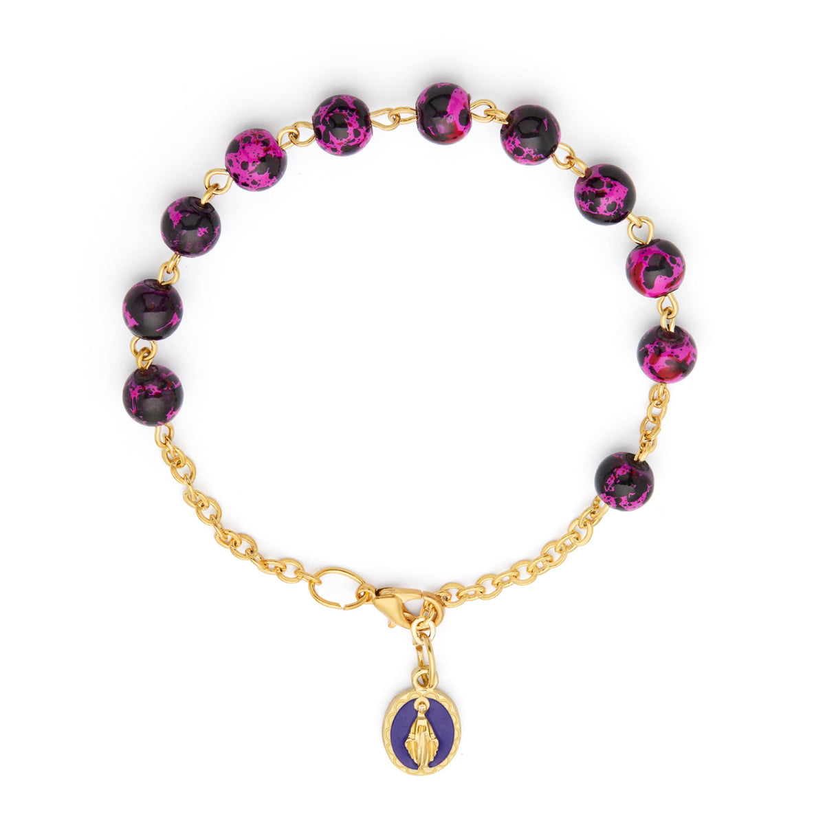 Gold-tone Rosary Bracelet with Purple Variegated Beads