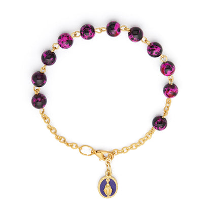 Gold-tone Rosary Bracelet with Purple Variegated Beads