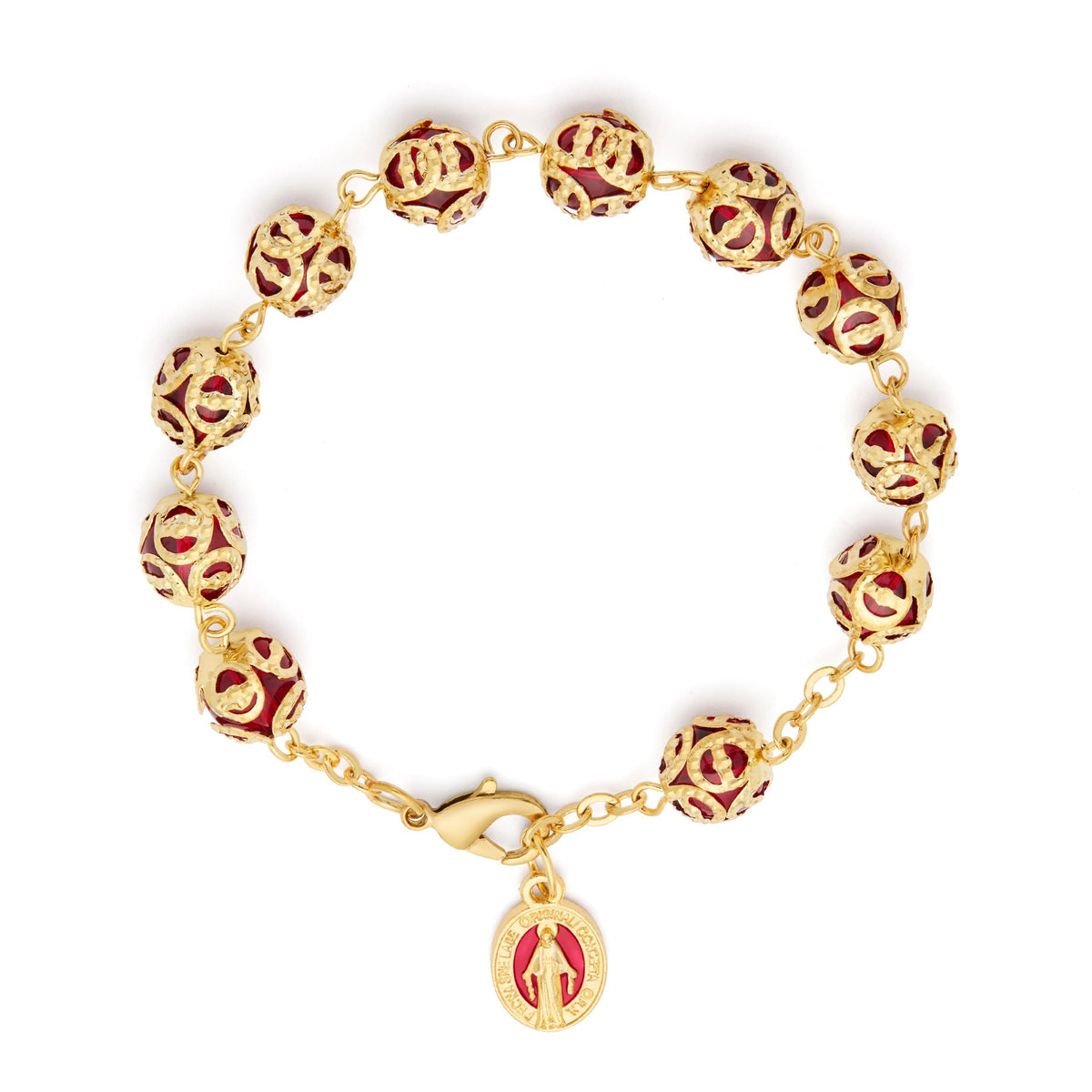 Gold-tone Rosary Bracelet with Red Crystal Beads and Bead Caps