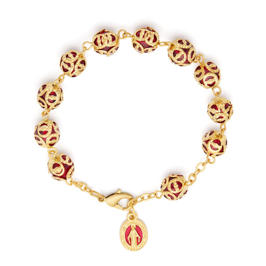 Gold-tone Rosary Bracelet with Red Crystal Beads and Bead Caps