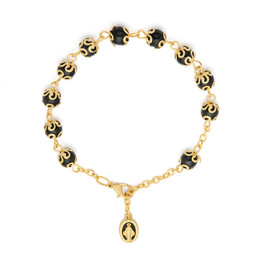 Gold-tone Bracelet with Small Black Crystal Beads and Filigree Bead Caps