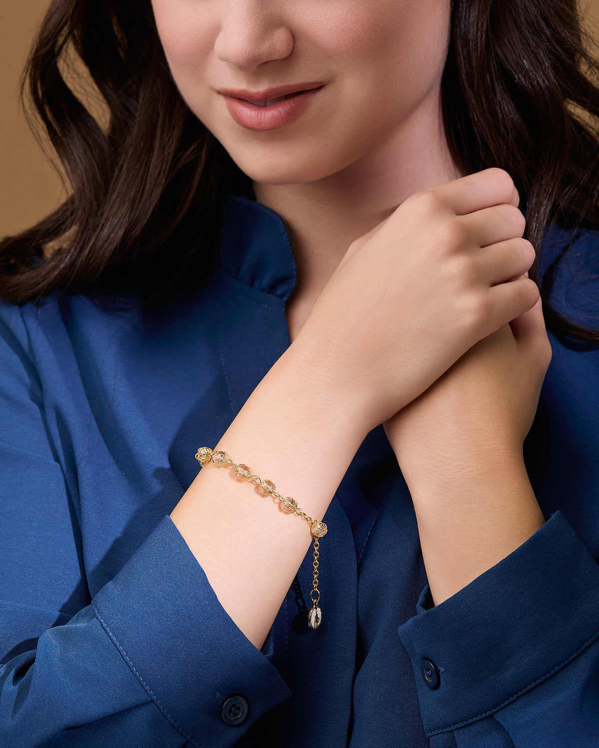 Gold-tone Bracelet with Small Clear Crystal Beads and Filigree Bead Caps
