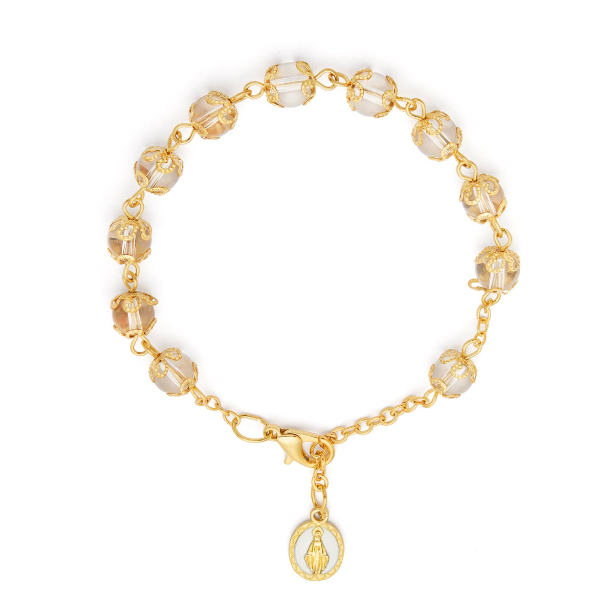 Gold-tone Bracelet with Small Clear Crystal Beads and Filigree Bead Caps