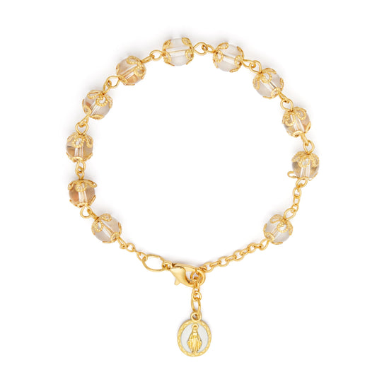 Gold-tone Bracelet with Small Clear Crystal Beads and Filigree Bead Caps