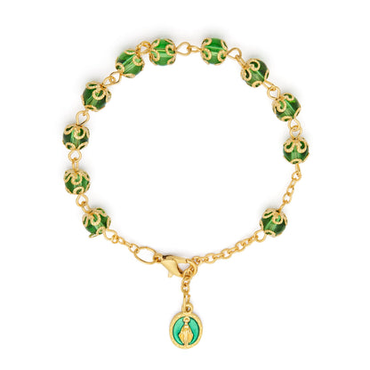 Gold-tone Bracelet with Small Green Crystal Beads and Filigree Bead Caps