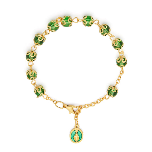 Gold-tone Bracelet with Small Green Crystal Beads and Filigree Bead Caps