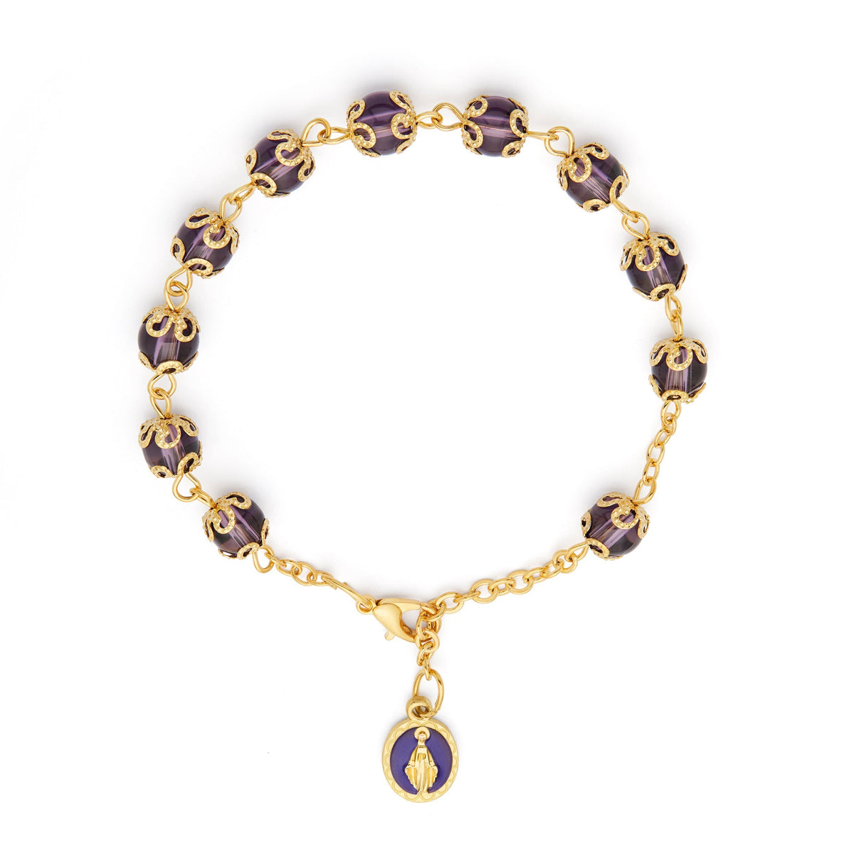 Gold-tone Bracelet with Small Purple Crystal Beads and Filigree Bead Caps