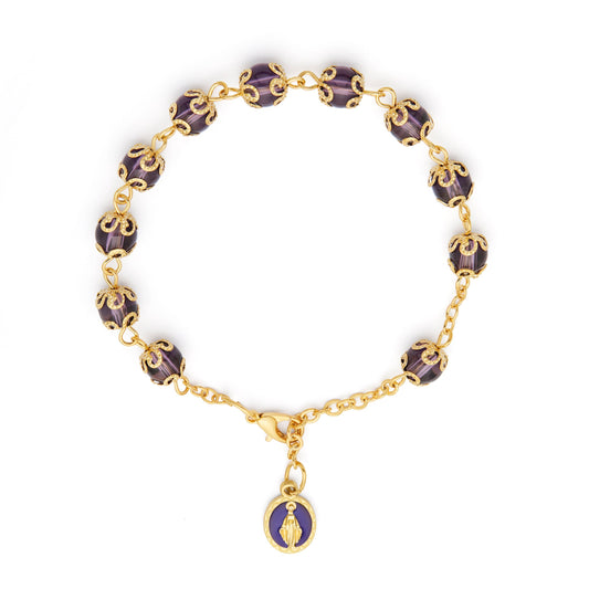 Gold-tone Bracelet with Small Purple Crystal Beads and Filigree Bead Caps