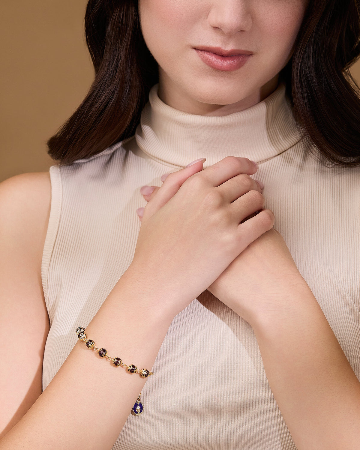 Gold-tone Bracelet with Small Purple Crystal Beads and Filigree Bead Caps