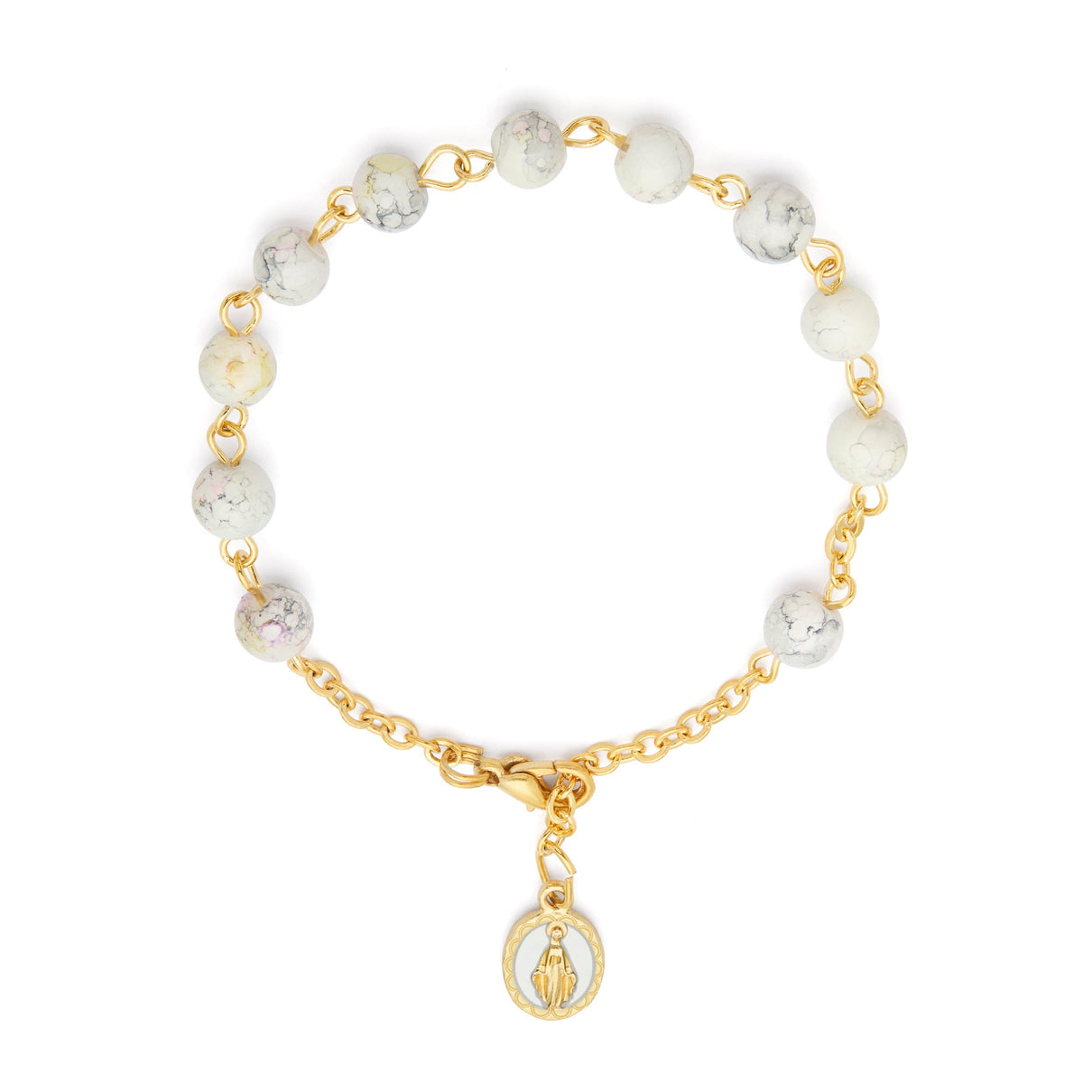 Gold-tone Rosary Bracelet with White Variegated Beads