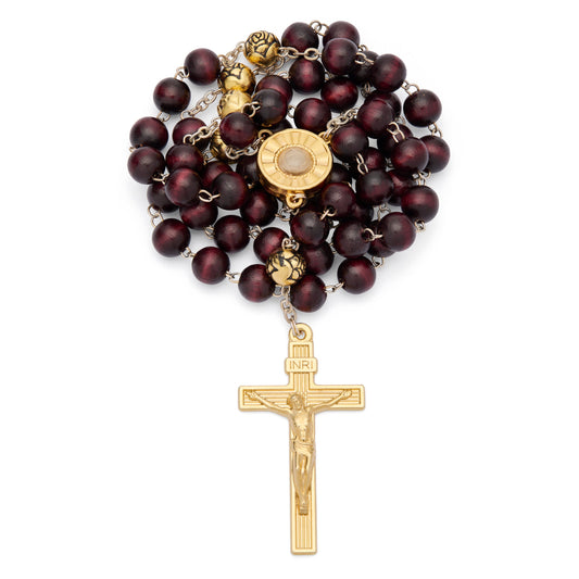 Our Lady Of Fatima Rosary with Dark Brown Wood Beads and Holy Land Soil Reliquary