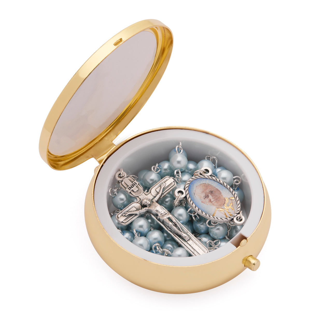 Gold-Tone Metal Pope Leo XIV Rosary Case with Light Blue Rosary