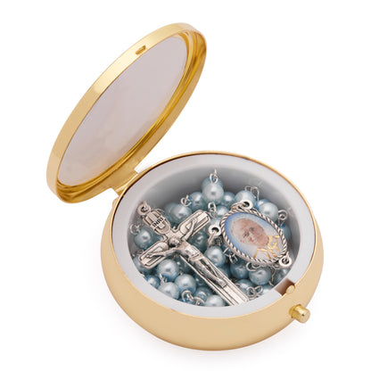 Gold-Tone Metal Pope Leo XIV Rosary Case with Light Blue Rosary