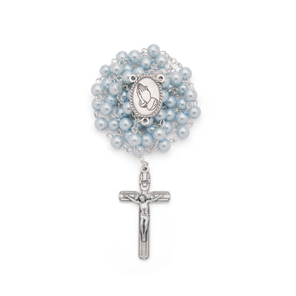 Gold-Tone Metal Pope Leo XIV Rosary Case with Light Blue Rosary
