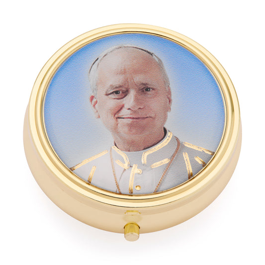 Gold-Tone Metal Pope Leo XIV Rosary Case with Light Blue Rosary