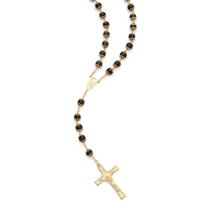 Gold-Tone Metal Rosary With Black Faceted Crystal Beads