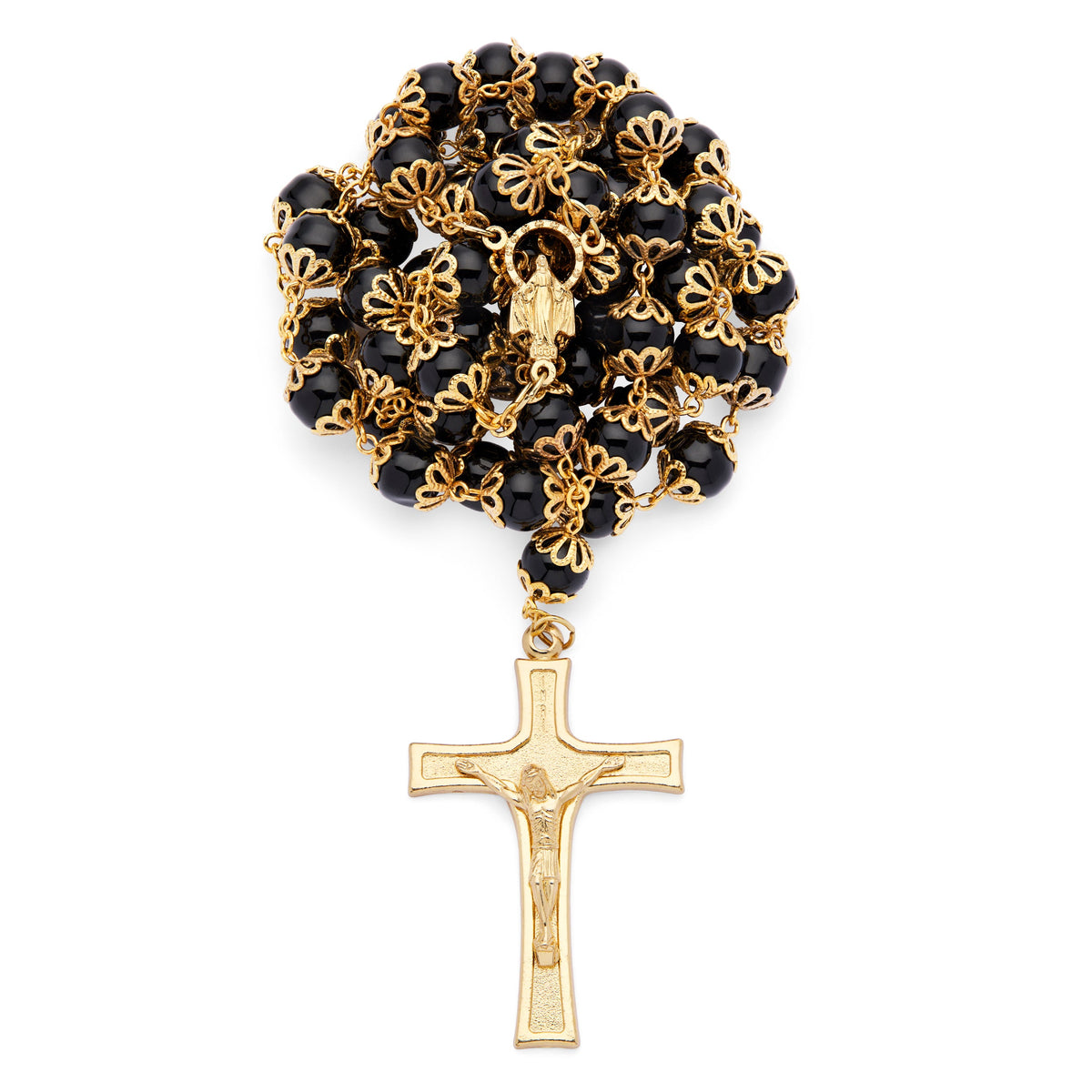 Gold-Tone Metal Rosary With Black Faceted Crystal Beads