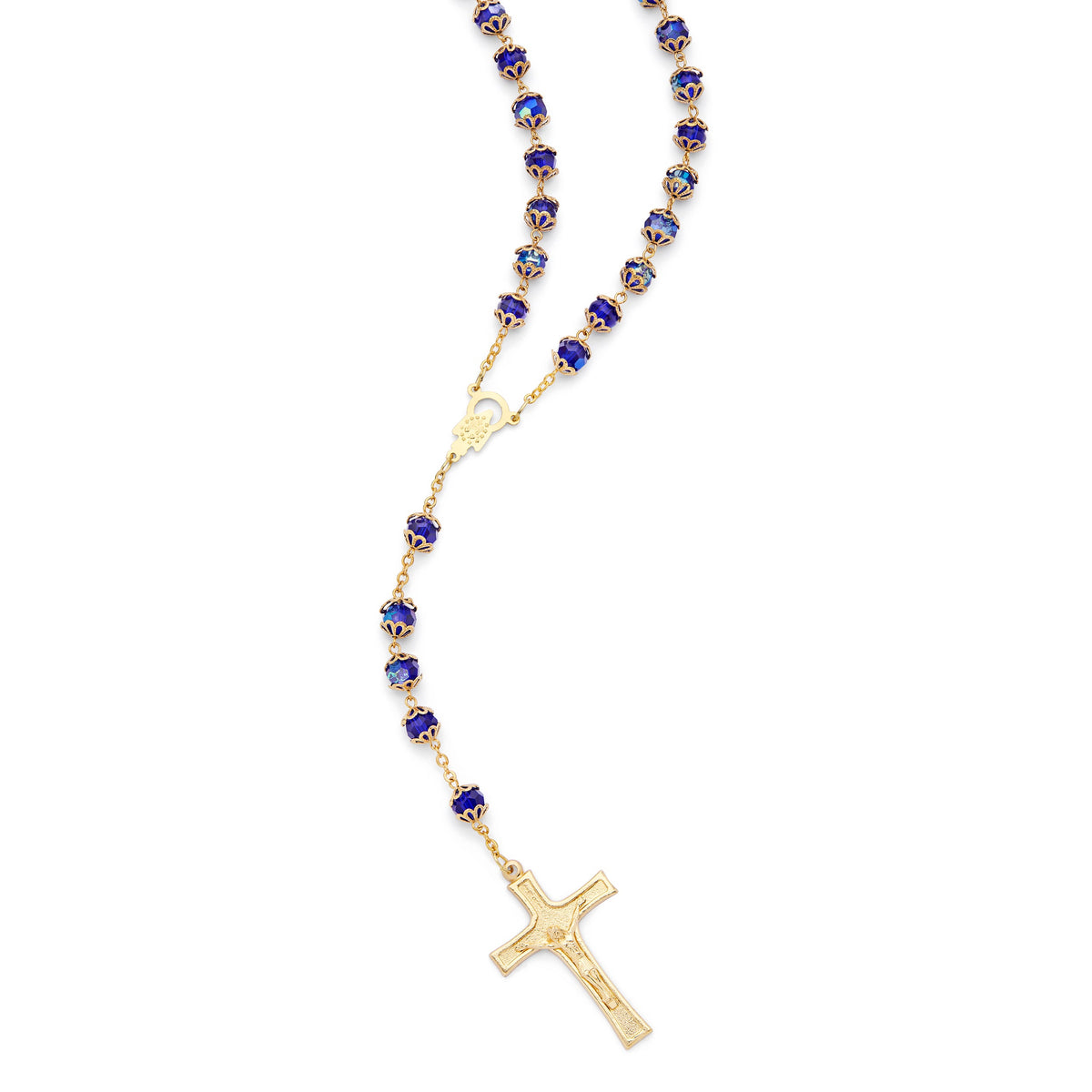 Gold-Tone Metal Rosary With Blue Faceted Crystal Beads