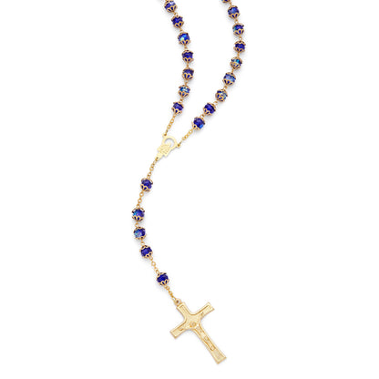 Gold-Tone Metal Rosary With Blue Faceted Crystal Beads