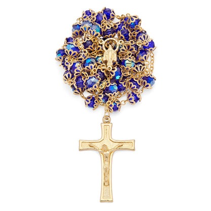 Gold-Tone Metal Rosary With Blue Faceted Crystal Beads