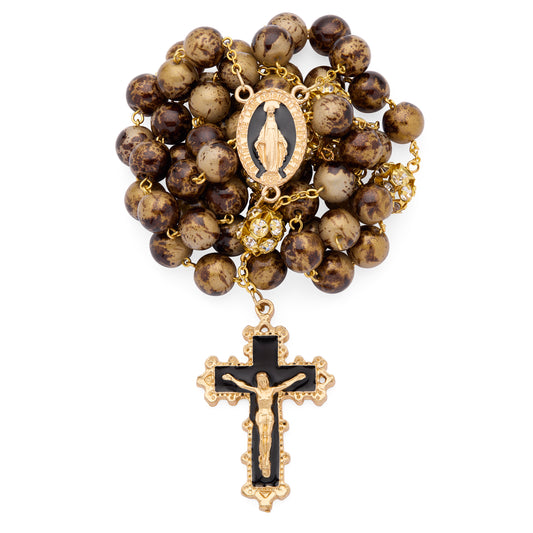 Gold-Tone Metal Rosary with Brown and Gold-Tone Marble Effect Beads and Rhinestone Beads