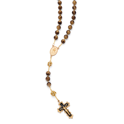 Gold-Tone Metal Rosary with Brown and Gold-Tone Marble Effect Beads and Rhinestone Beads