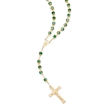 Gold-Tone Metal Rosary with Dark Green Faceted Crystal Beads