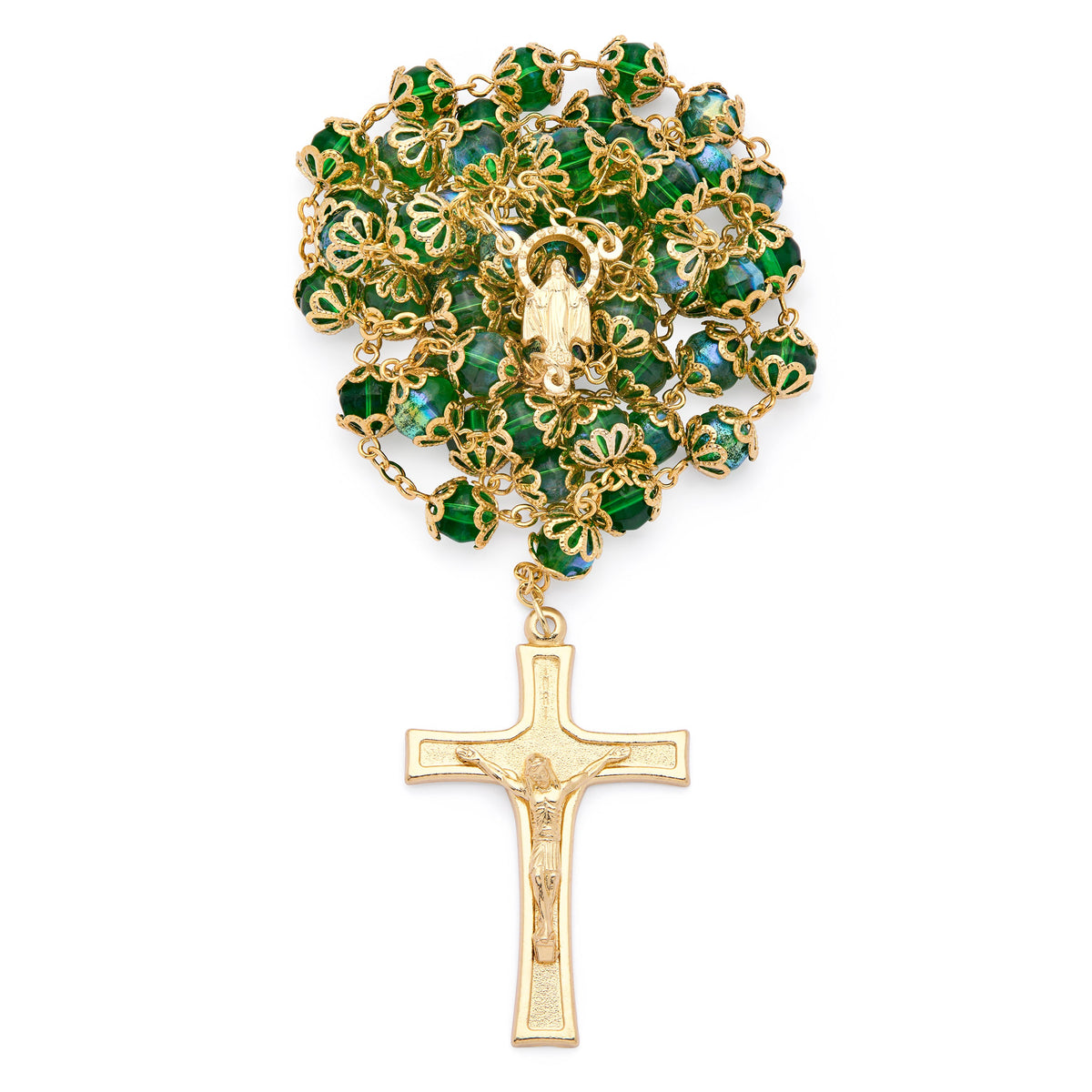 Gold-Tone Metal Rosary with Dark Green Faceted Crystal Beads