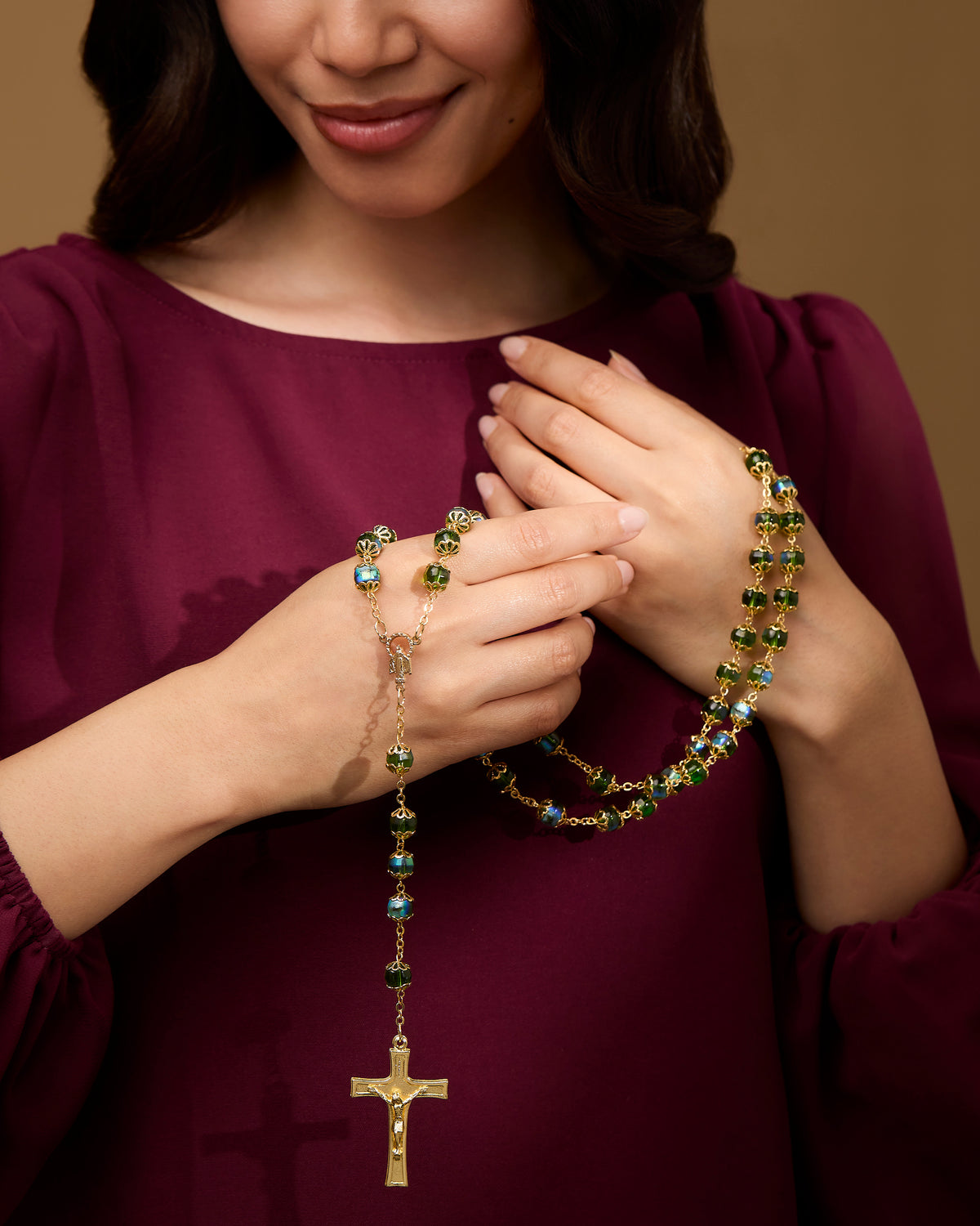 Gold-Tone Metal Rosary with Dark Green Faceted Crystal Beads