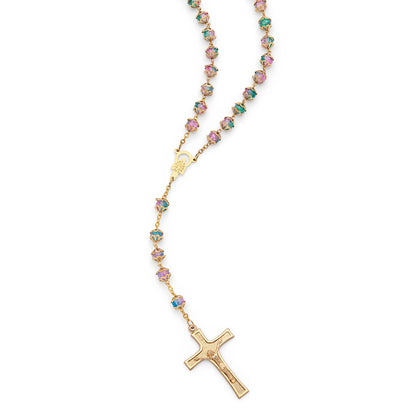 Gold-Tone Metal Rosary With Green And Pink Faceted Crystal Beads