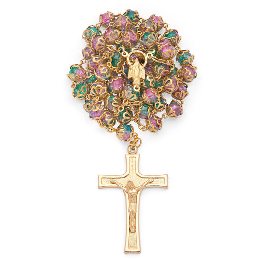 Gold-Tone Metal Rosary With Green And Pink Faceted Crystal Beads