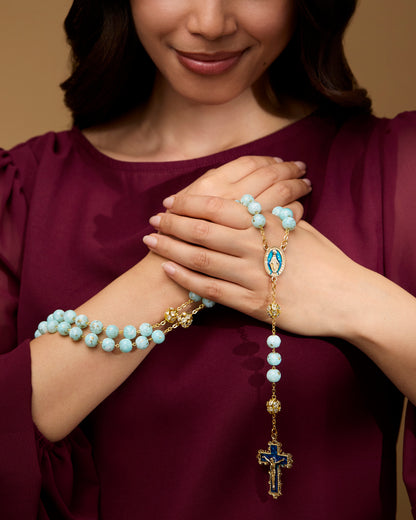 Gold-Tone Metal Rosary with Light Blue Marble Effect Beads and Rhinestone Beads