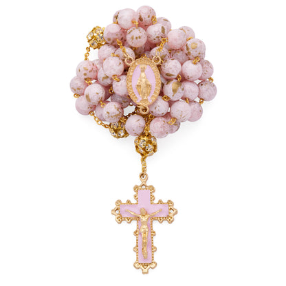 Gold-Tone Metal Rosary with Light Pink Marble Effect Beads and Rhinestone Beads