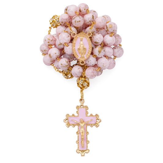 Gold-Tone Metal Rosary with Light Pink Marble Effect Beads and Rhinestone Beads