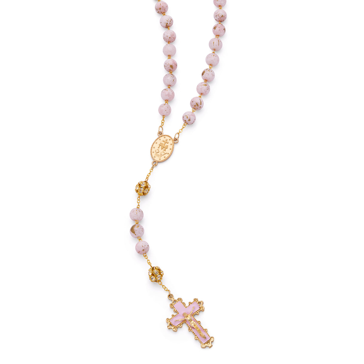 Gold-Tone Metal Rosary with Light Pink Marble Effect Beads and Rhinestone Beads