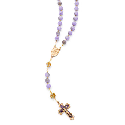 Gold-Tone Metal Rosary with Light Purple Marble Effect Beads and Rhinestone Beads