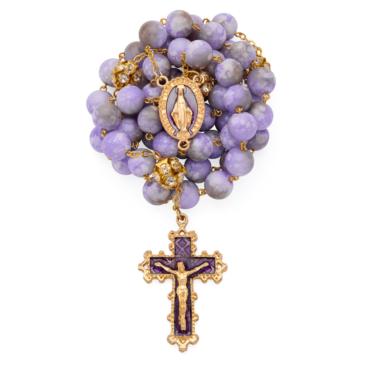 Gold-Tone Metal Rosary with Light Purple Marble Effect Beads and Rhinestone Beads