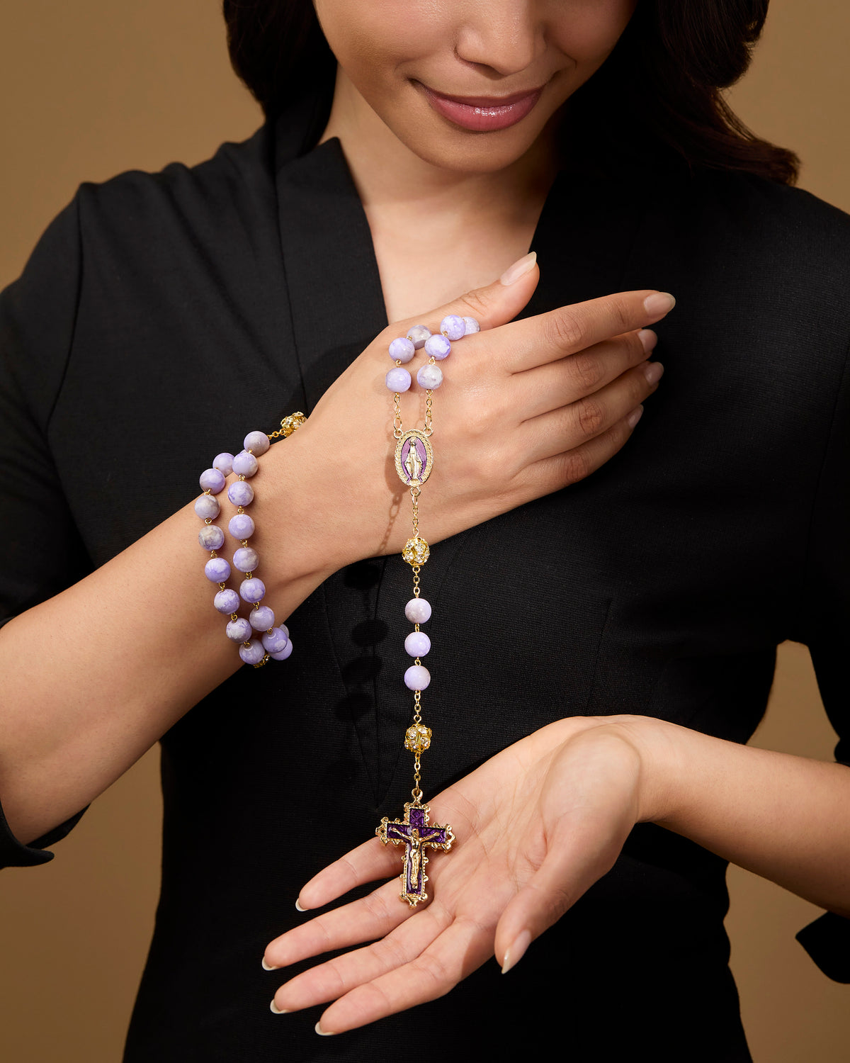 Gold-Tone Metal Rosary with Light Purple Marble Effect Beads and Rhinestone Beads