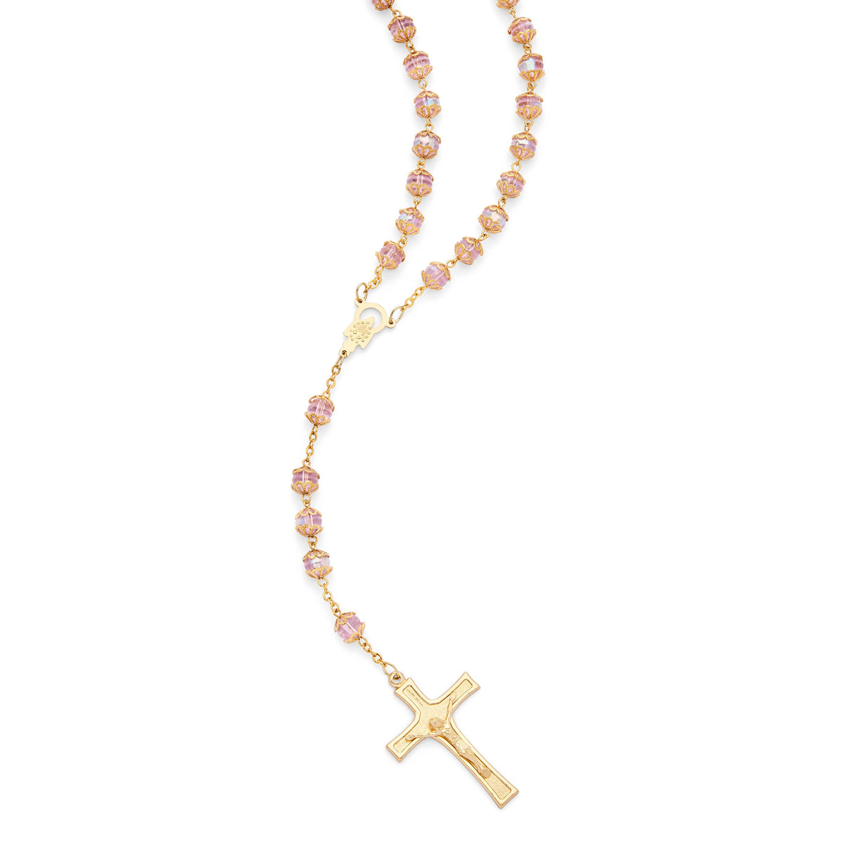Gold-Tone Metal Rosary with Pink Faceted Crystal Beads