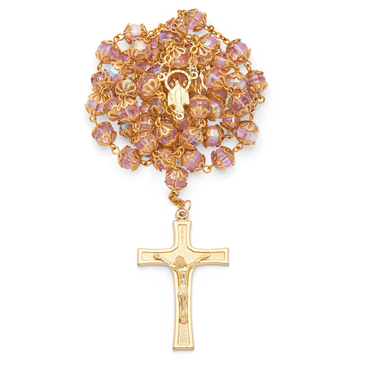 Gold-Tone Metal Rosary with Pink Faceted Crystal Beads